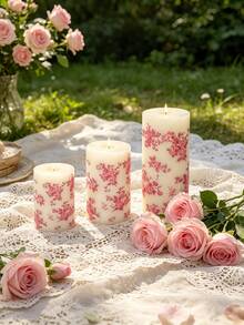 Pink Floral Print Cylindrical Candle, 1.96 Inch Romantic Rose Pink Pattern Design Candle, Smokeless Atmosphere, Decorative Candle, Perfect For Valentine's Day, Wedding Dinner, Birthday Party, Anniversary, Afternoon Tea, Picnic Scene, Home Decor - Pink Printed Column Wax - View 1