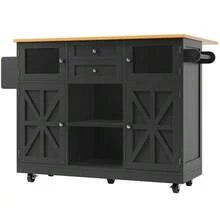 Kitchen Island, Serving Cart With Worktop, Sideboard, Wood-Finish Serving Cart, Side Towel Rack, Three-Dimensional Cupboard Doors On Casters, Adjustable Partitions, White - 黑色 - 查看 8