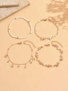 Juego de 4 tobilleras de cadena dorada con múltiples colgantes de estrella de mar, concha y caracol, perlas falsas, strass y cuentas de arroz, estilo bohemio dulce, hecho a mano, joyería de pie para mujer, adecuada para uso diario, vacaciones en la playa y fiestas - Multicolor - Ver 2