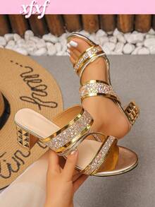Teen Rhinestone Double Strap Thick Heel Sandals With No Heel For Easy Wearing And Taking Off, Suitable For Party/Daily Street Scenes - Gold - View 1
