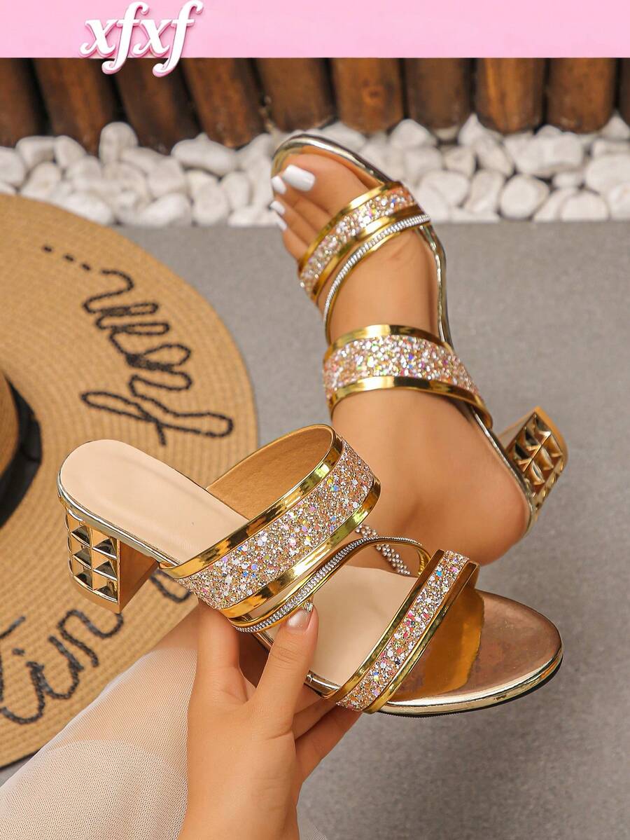 Teen Rhinestone Double Strap Thick Heel Sandals With No Heel For Easy Wearing And Taking Off, Suitable For Party/Daily Street Scenes - Gold - View 1