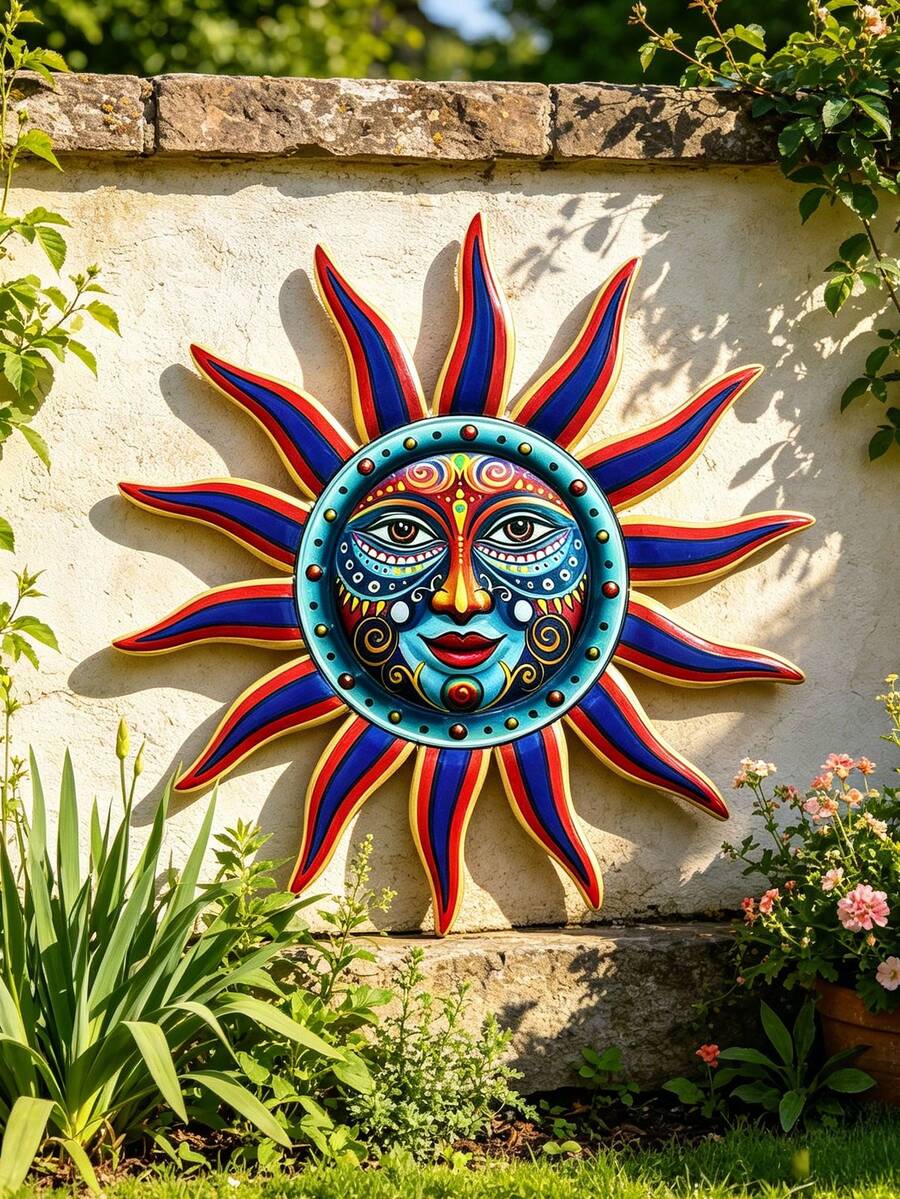 1 Piece Colorful Creative Sun Face Metal Wall Art Decor, 32cm Large 2.5D Outdoor Garden Artwork With Hooks On The Back, Reusable, Suitable For Outdoor Wall Decor, Garden Decor, Yard Decor, Porch Decor, Party Decor, Fence Decor - C - View 1