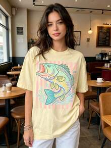 Retro Bass Fish Shirt, Pastel Fishing Tee, Preppy Coastal Lake T-Shirt, Colorful Summer T-Shirt, Beach Lover Gift Casual TShirt Vacation Outfit Women - 杏色 - 查看 4