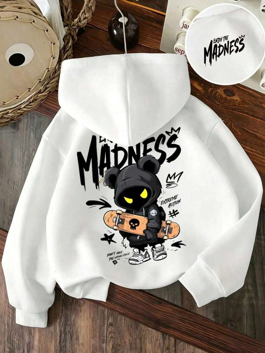 Tween Boy Cartoon Number Print Warm Crew Neck Sweatshirt - White - View 1