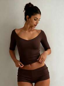 XLLAIS Sexy Sweetheart Neck Yoga Basic High Elasticity Naked Feel Slim Fit Brown 3/4 Sleeve Summer Sports T-Shirt Casual Back To School Style - Dark Brown - View 2