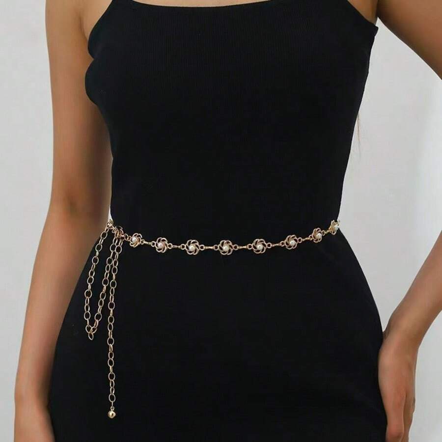 1pc Plum Blossom Faux Pearl Metal Chain - Gold - View 1
