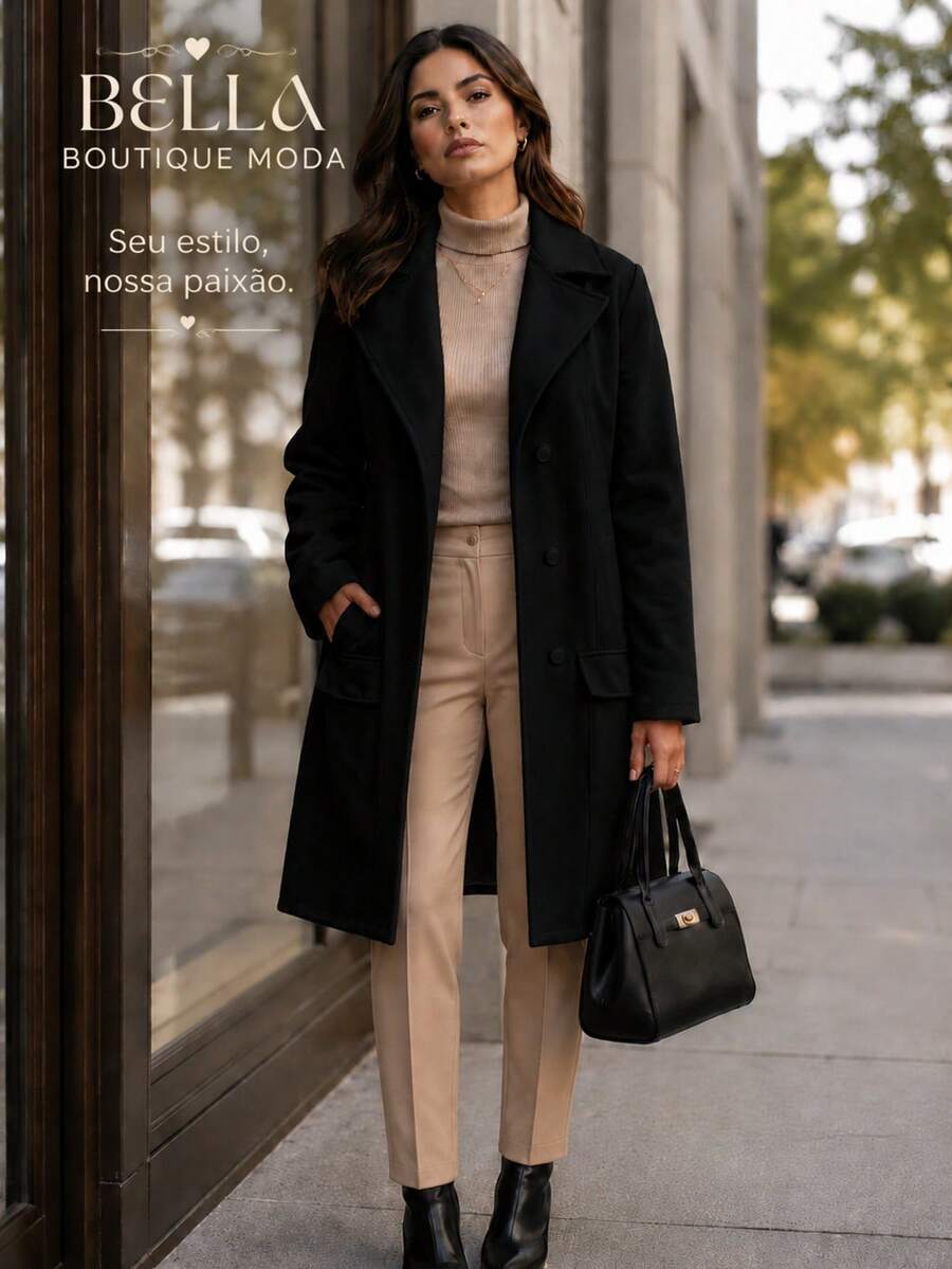 Women's Long Wool Coat, Parka, Or Overcoat, Elegant And With Front Button Closure. - 黑色 - 查看 1