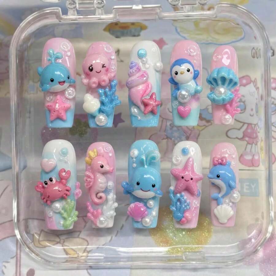 Handmade Nails Press On,Hard And Durable Nail Art 3D Ocean Animal Press On Nails, Handmade Kawaii Medium Square Fake Nails With Dolphin & Starfish Charms, Reusable Glossy Acrylic False Nails For US Women Daily Party
/ Universal In 899 Regions - 玫紅色 - 查看 1