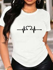 Women's Graphic T-Shirt, Long Sleeve, Round Neck, Basic, Comfortable, Cool, Lightweight, Modern, Youthful, Casual, Urban, Soft, Cool Print, Heart, Stripes, Lines, Pulse, Zigzag - 白色的 - 查看 4