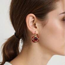 Vintage Royal Style Ruby Red Enamel Earrings, Niche Design Colorful Gemstone Embellished Ear Pendants - Red - View 2
