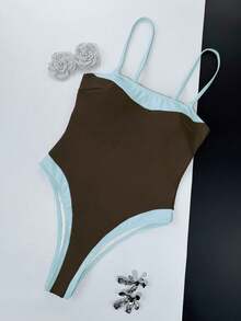 女款拼色方領寬肩帶連身泳衣，修身顯身材曲線，時尚海灘度假夏季風 - 藍色 - 查看 6