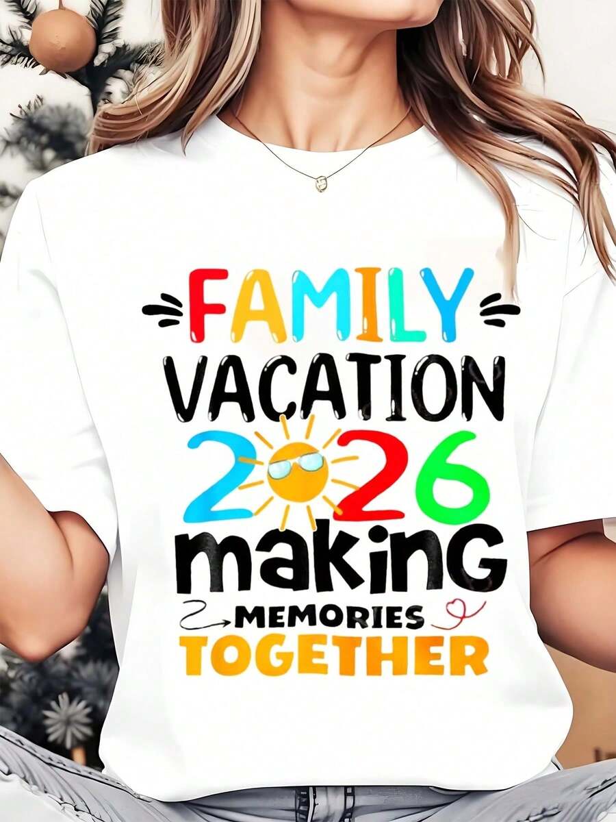 Women's Crew Neck T-Shirt, Family Vacation 2026, "Creating Memories Together" Print, Casual Summer Clothes For Holidays And Travel, 220g - 白色 - 查看 1