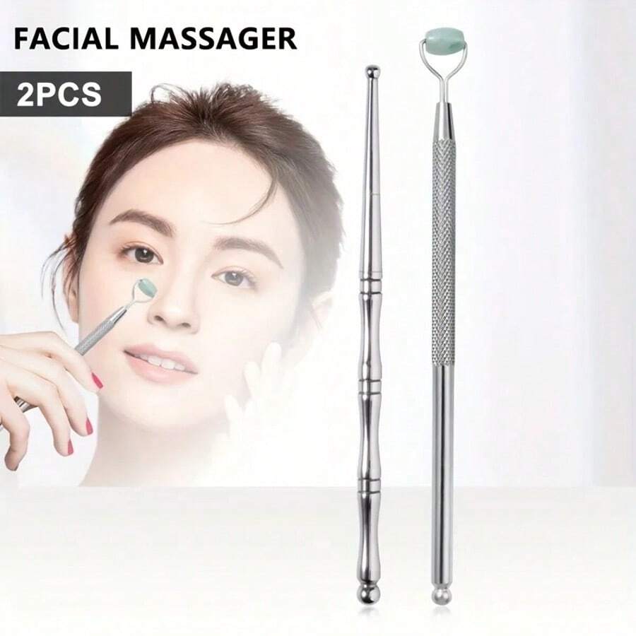 2 Piezas De Herramienta De Masaje Facial De Doble Cabeza De Acero Inoxidable Rodillo Facial De Jade Herramienta De Masaje De Puntos De Acupresión Relajación - Ver 1