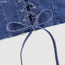 xuehuamaoyi02  MOD Top de denim con diseño de cordones de encaje con ojales y cuello halter sexy para mujer - Lavado ligero - Ver 4