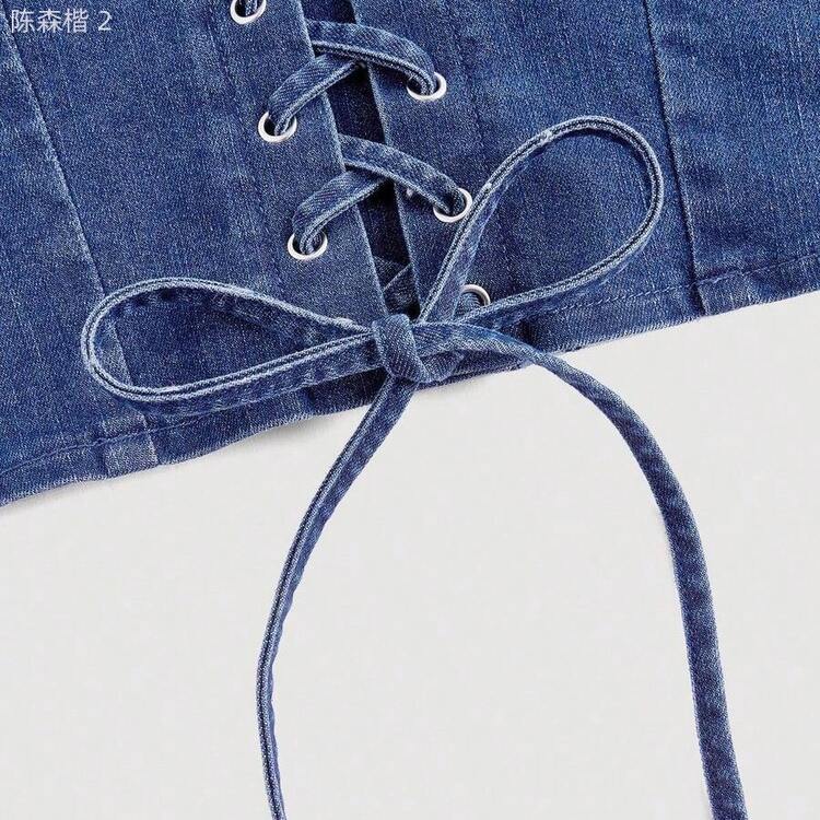xuehuamaoyi02  MOD Top de denim con diseño de cordones de encaje con ojales y cuello halter sexy para mujer - Lavado ligero - Añade 4