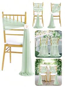10pcs Elegant Light Green Chiffon Chair Back Sash Set, Corridor Wedding Chair Back Decor, Church Chiffon Banquet Ceremony Reception Chair Set, Photography Props, Birthday Party Home Decor - Green - View 1