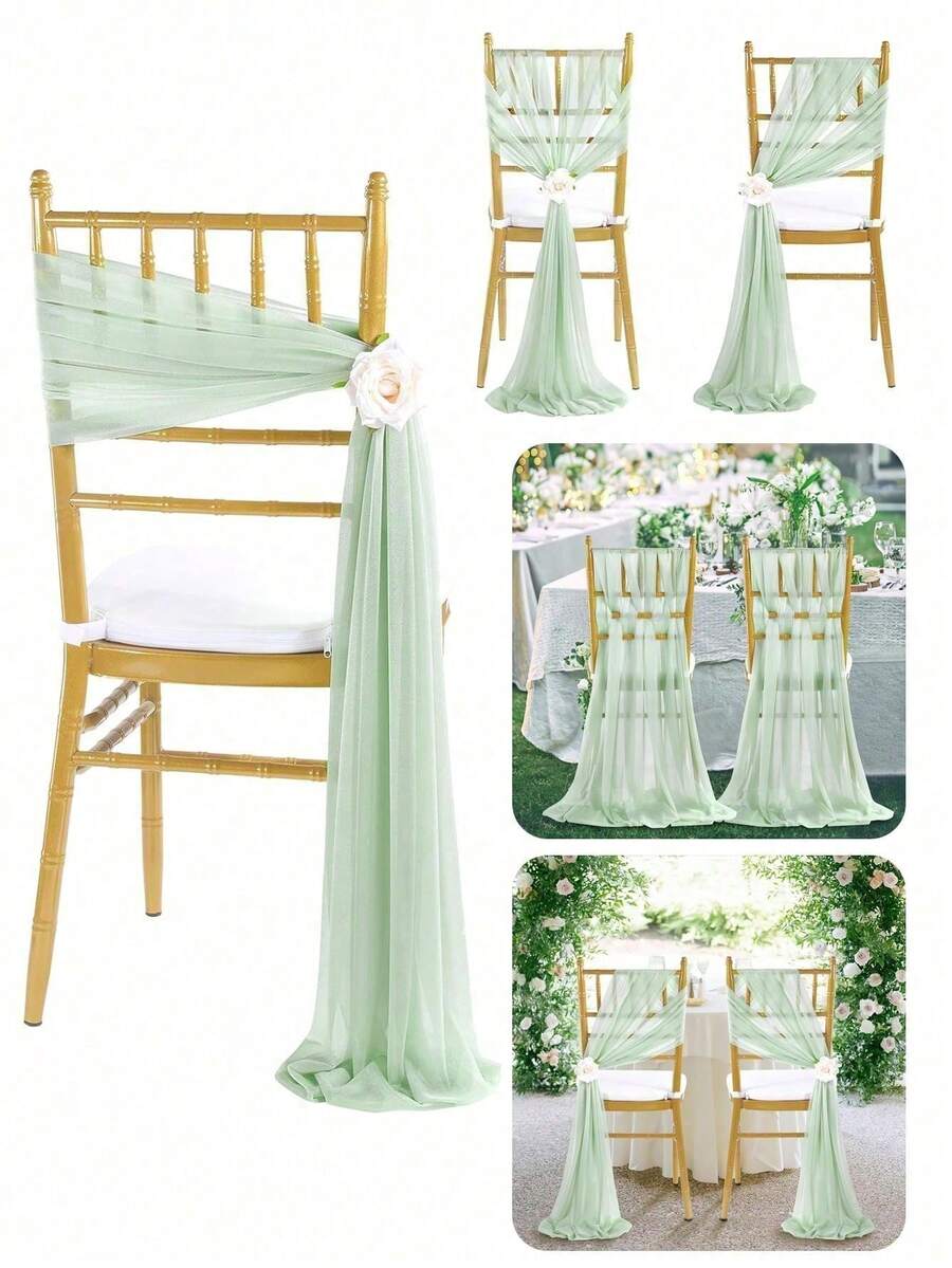 10pcs Elegant Light Green Chiffon Chair Back Sash Set, Corridor Wedding Chair Back Decor, Church Chiffon Banquet Ceremony Reception Chair Set, Photography Props, Birthday Party Home Decor - Green - View 1