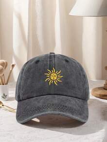 1 Pc Gender-Neutral Retro Sun Print Baseball Cap, Adjustable Design, Suitable For Outdoor Activities, Travel And Running, Sun Hat For Sun Exposure - Coffee Brown - View 14