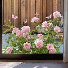 1pc Romantic Pink Rose Glass Sticker With Butterfly Decoration, Waterproof Self-Adhesive Decorative Decal For Bedroom, Living Room And Window - Multicolor - View 7