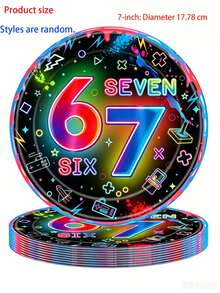 24/1pc Party Supplies - Neon Paper Plates With Retro Game Icon "Six Seven", Video Game Themed Reusable Plates. Suitable For Birthday Parties, Game Nights And Disposable Tableware, No Cleaning Required After Use. - A - View 5
