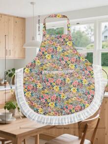 1pc Multicolor Floral Lace Trim Apron, Women's Apron, Fashionable, Breathable, Flower Arrangement Apron, Home Apron, Suitable For Kitchen Cooking, Baking, Gardening, Party Scenes, Lightweight, Household Style - Multicolor - View 10