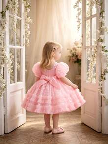 Váy peplum tay bồng bằng vải tuyn và satin in họa tiết bướm cho bé gái, váy hoa sang trọng cho tiệc sinh nhật, không bao gồm băng đô - Hồng - Xem 5