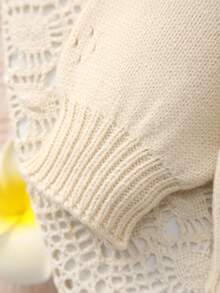 女嬰溫柔森系3D花朵刺繡針織圓領開襟毛衣外套 - 杏色 - 查看 3