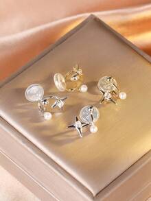 1 Pair Fashionable New Zirconia Small Star & Faux Pearl Clip-On Earrings For Women, No Piercing Required, Elegant Elegant Ear Jewelry, Suitable For Daily Wear And Holiday Gifts - Ear Clip - View 7