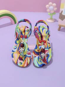 1 Pair Girls Rainbow Print Thong Flat Sandals With Pearl & Rhinestone Decor, Slip-On Design For Daily Wear - Multicolor - View 3