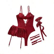 Lilosy Sexy Stocking Rhinestones Heart Garter Underwire Floral Mesh Lace Sheer Babydoll Lingerie Teddy Bodysuit Skirt Set - Burgundy Red - 查看 4