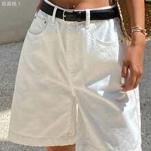 jianchaimaoyi02  Pantalones cortos de mezclilla casuales y sueltos de unicolor para mujer, de verano - Blanco - Ver 4