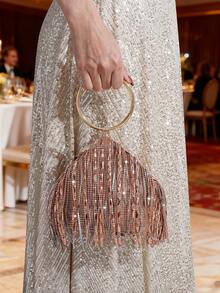 Women's Evening Bag With Rhinestone And Tassel Decor Handbag - Champagne - View 3