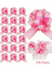 1/6/12pcs Pink Organza Bows, Satin Ribbon Bows, Suitable For Gift Wrapping, Wedding Decor, Car Decor, Basket Decor, Perfect For Valentine's Day, Wedding, Party, Birthday, Holiday Decor, Gift Decor - Multicolor - View 1