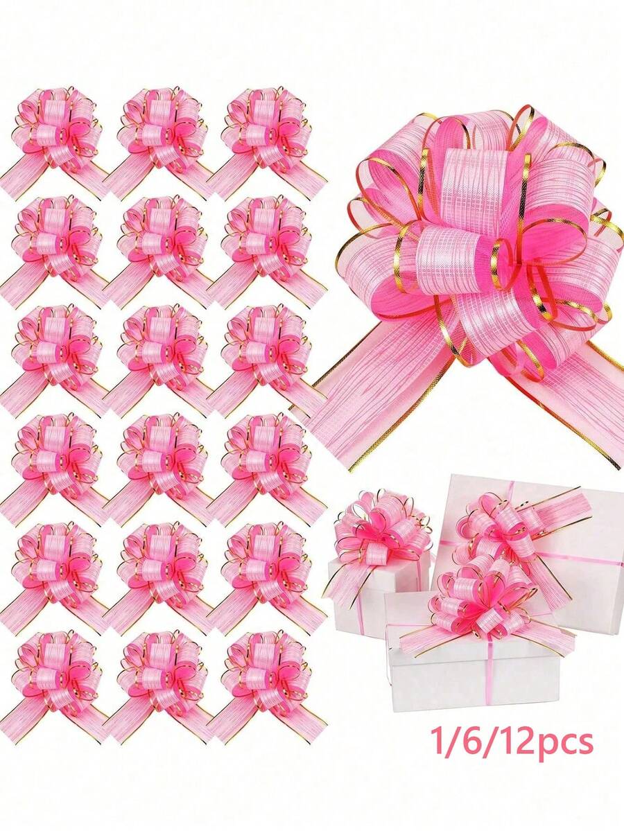 1/6/12pcs Pink Organza Bows, Satin Ribbon Bows, Suitable For Gift Wrapping, Wedding Decor, Car Decor, Basket Decor, Perfect For Valentine's Day, Wedding, Party, Birthday, Holiday Decor, Gift Decor - Multicolor - View 1