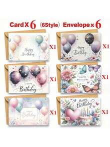 12pcs Watercolor Floral And Butterfly Birthday Greeting Cards With Envelopes - Featuring Soft Designs Of Balloons, Cakes, And Stars Suitable For Various Occasions, Perfect For Family, Friends, Women, And Men, Thank You Cards - Multicolor - View 7