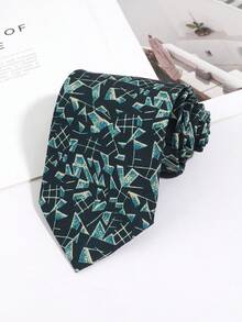1PC Men's Fashion Green Geometric Fun Pattern Silky Encrypted Tie Suitable For Party, Daily Suit, Travel And Vacation - Multicolor - View 4