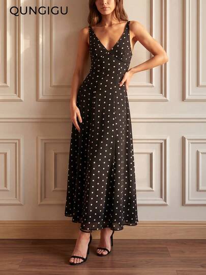 QUNGIGU Elegant Women's Polka Dot Maxi Dress, Sleeveless Spaghetti Strap Flare Hem, Summer Evening Party Beach Vacation Outfit