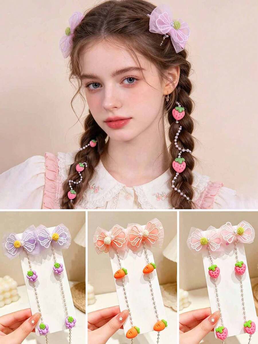 1/3pcs Sweet Bow Faux Pearl Tassel Hair Clips, Cartoon Carrot, Strawberry, Grape Cute Decor, Girls Double Ponytail, Braided Twist Hair Styling Fixing Clips, Daily/Campus/Travel Vacation Versatile - Multicolor - View 1