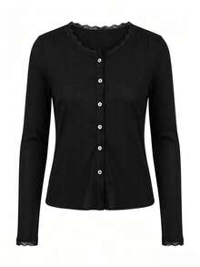 Women's Spring/Summer Lace Patchwork Floral Trim Soft Knit Cardigan Lightweight Jacket Black, Effortless Style - Black - View 7