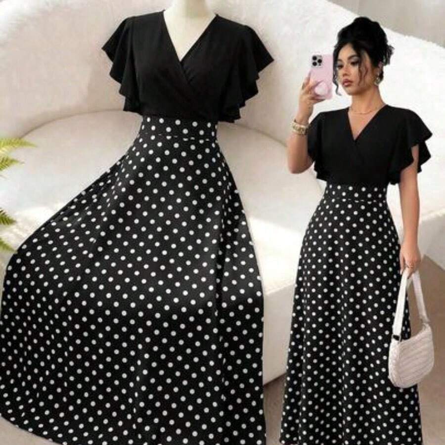 Vestido ajustado con volantes y mangas cortas elegante para mujer, color verde, adecuado para ir al trabajo en primavera/verano - Blanco y Negro - Ver 1