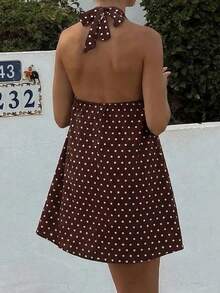 Plus Size Women's Halter A-Line Polka Dot Print Loose Short Dress, Suitable For Daily Wear And Vacation Party Summer Elegant - Multicolor - View 6