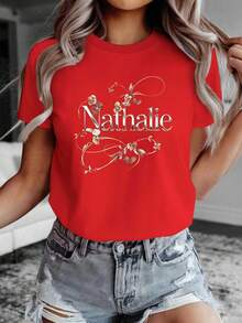 Fadish Nathalie Women's Comfortable Solid Color T-Shirt With Stylish Lettering - Red - View 1