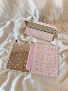 1pc Energetic Pink White Plaid Colorful Star Print Shockproof Scratch-Resistant Foldable Stand Acrylic Tri-Fold Tablet Case, With Stylus Holder, Magnetic Clasp And Auto Sleep/Wake Function, Compatible With IPad 7/8/9/10th Gen, Air 4/5, Pro 11 Inch - Multicolor - View 4