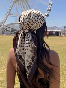 1件女款優雅波點緞面方巾，法式女士絲巾，輕盈透氣，適合多種場合 - 棕色 - 查看 3