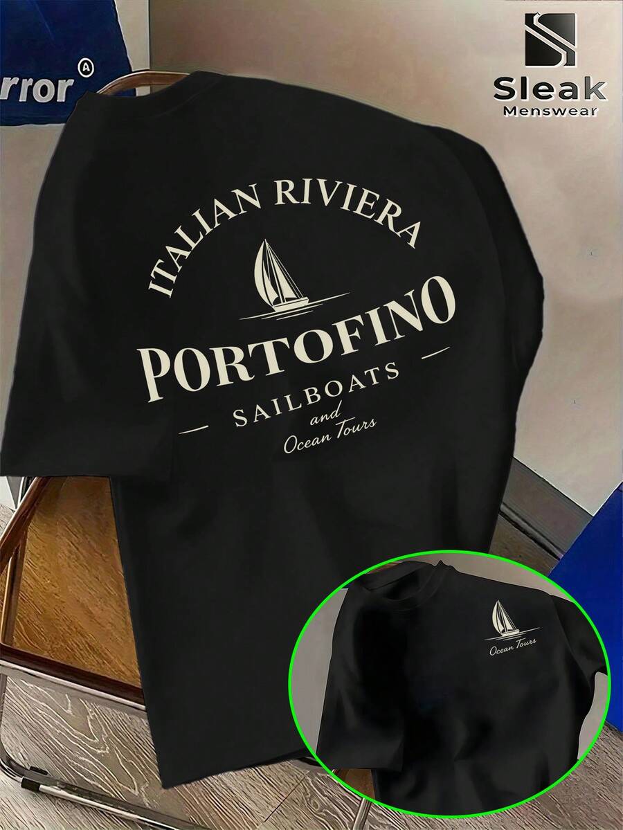 ITALIAN RIVER Italian Coast Men's Sailing Short Sleeves Arched Retro English Lettering With Easy Sailing Motif Slogans PORTOFINO And SAILBOATS Decorated With Italian Coastal Motifs Amb - Black - View 1