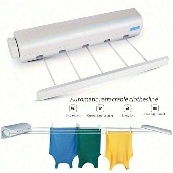 Portable Space-Saving Clothesline With 4/5 Lines, Wall-Mounted, Durable Plastic, Includes Towel Rack And Hooks, Plastic Clothes Hanger For Home, Kitchen Storage - Laundry Drying Rack, Drying Racks