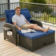 Wicker Outdoor Daybed, 3-In-1 Convertible Design With Reclining Sofa, Rattan Daybed For Outdoor Use - Beige + Azul Marino + Algodón + Poliéster + Ratán + Acero - View 7