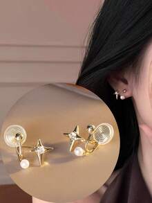 1 Pair Fashionable New Zirconia Small Star & Faux Pearl Clip-On Earrings For Women, No Piercing Required, Elegant Elegant Ear Jewelry, Suitable For Daily Wear And Holiday Gifts - Ear Clip - View 11
