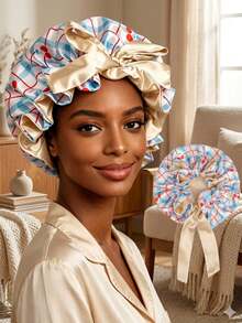 Gorro de dormir de satén de doble capa con bloques de color, gorro para peluca - Sombrero de satén a cuadros cereza con lazo - Ver 2