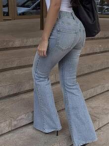 Women's Light Blue Flared Jeans, Stretchy Slim-Fit All-Match Style Bell-Bottom Long Pants - Blue - View 3